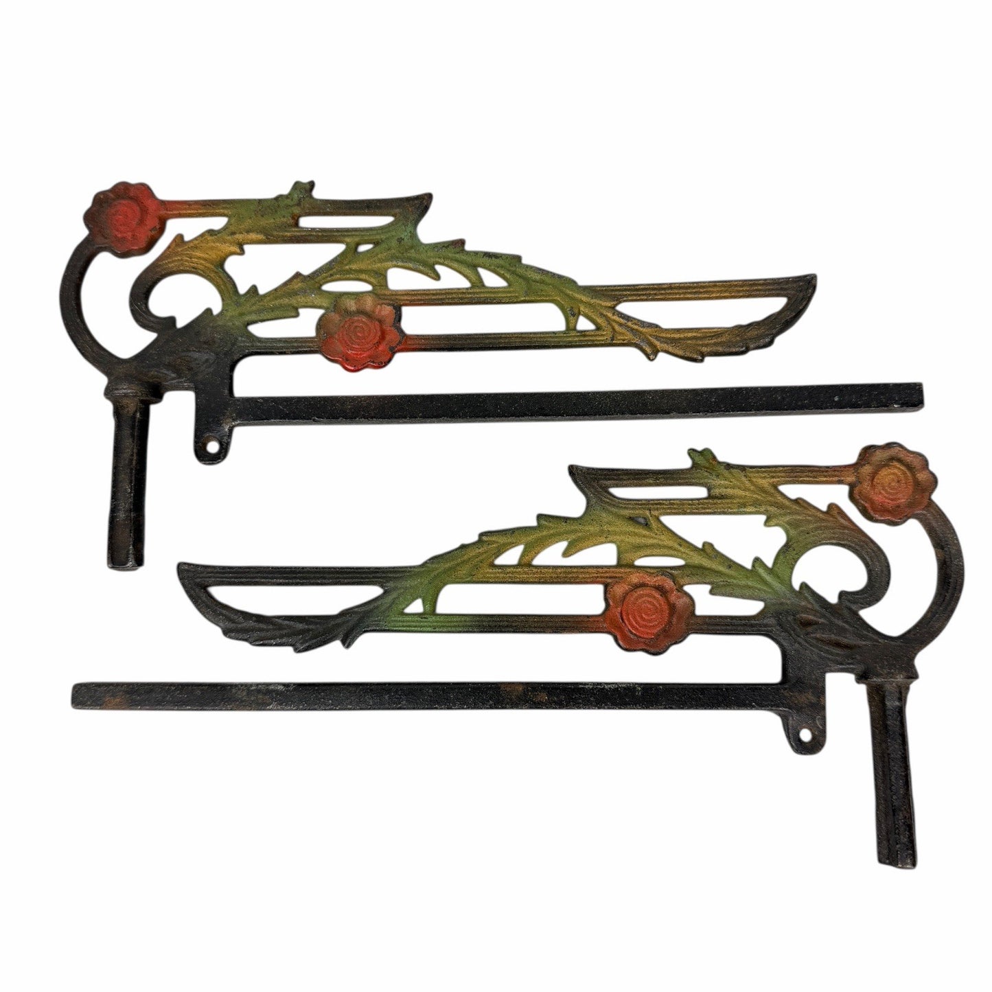 2 Antique Art Deco Cast Iron Swing Arm Curtain Rods ROSE FLORAL