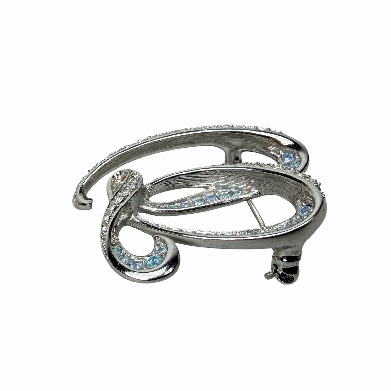 Vintage SWAROVSKI Blue & White Crystal Silver Rhinestone HEART RIBBON Brooch Pin