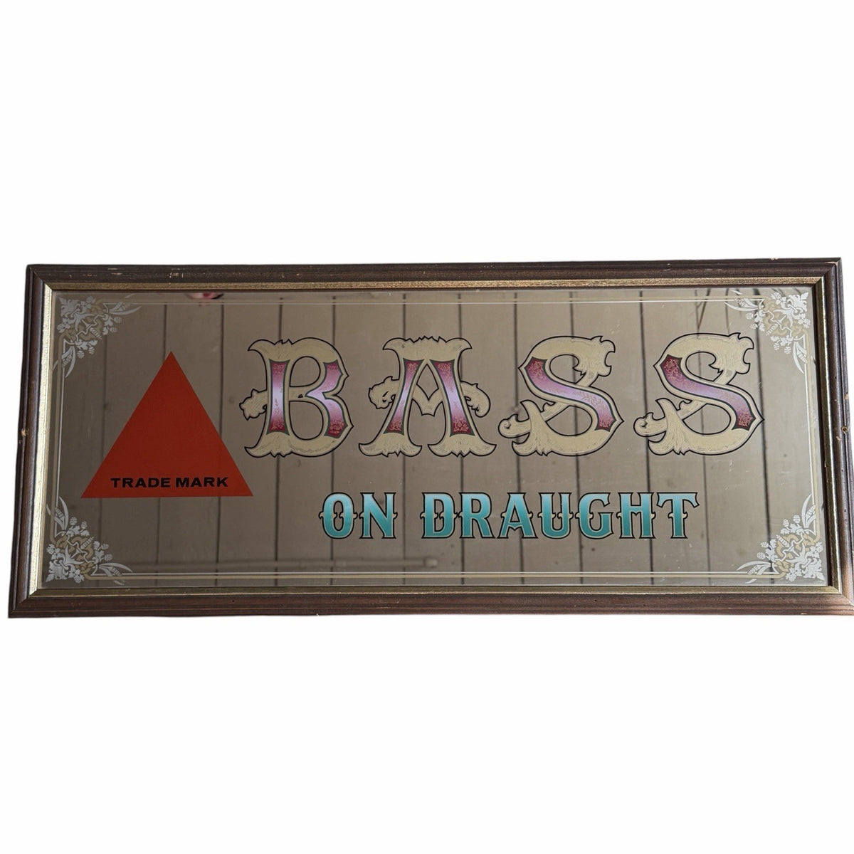 Vintage BASS On Draught Framed Mirror Beer Ale Pub Sign 32x14” Advertising