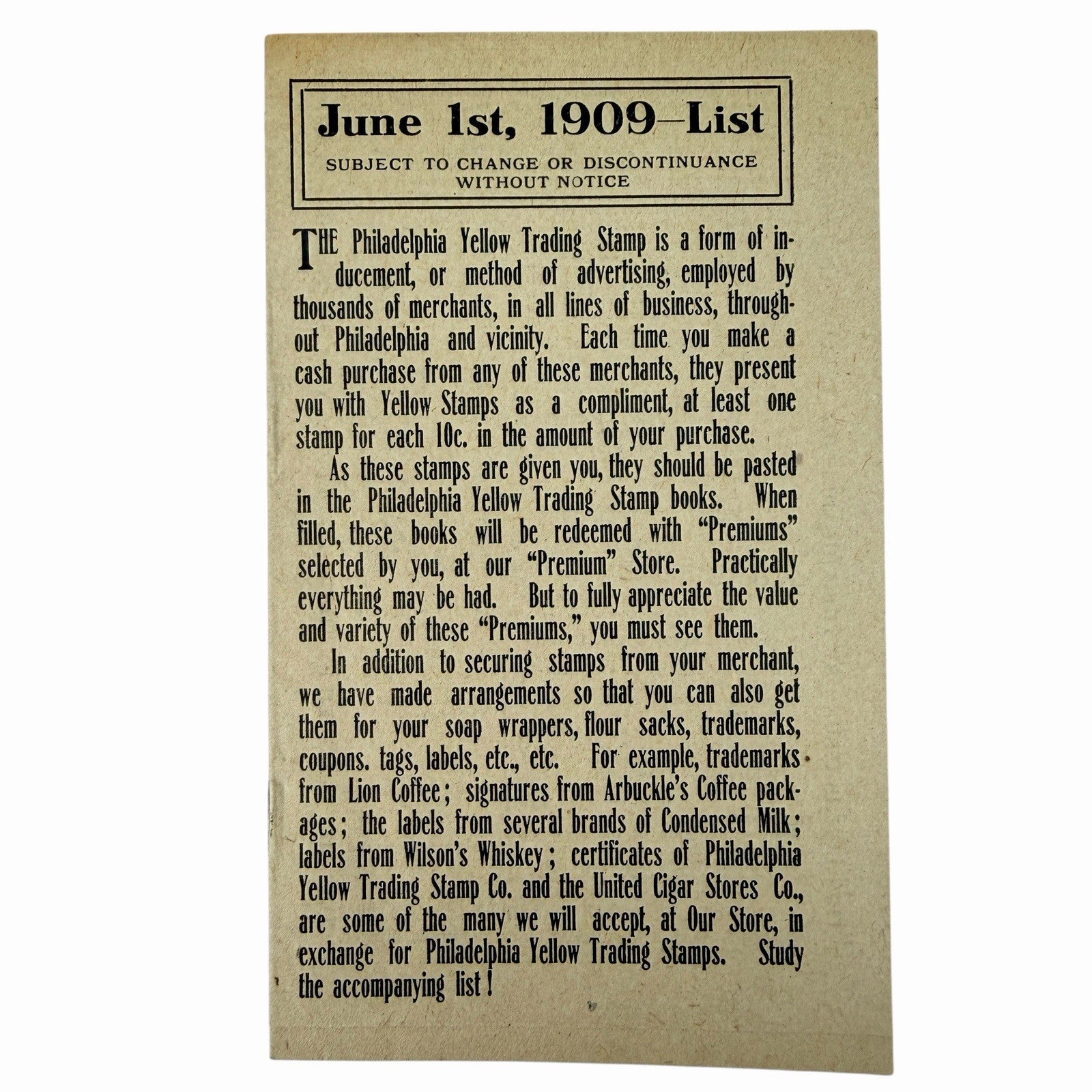 Antique 1909 Philadelphia Yellow Trading Stamp Co LIST Store Catalog Advertising