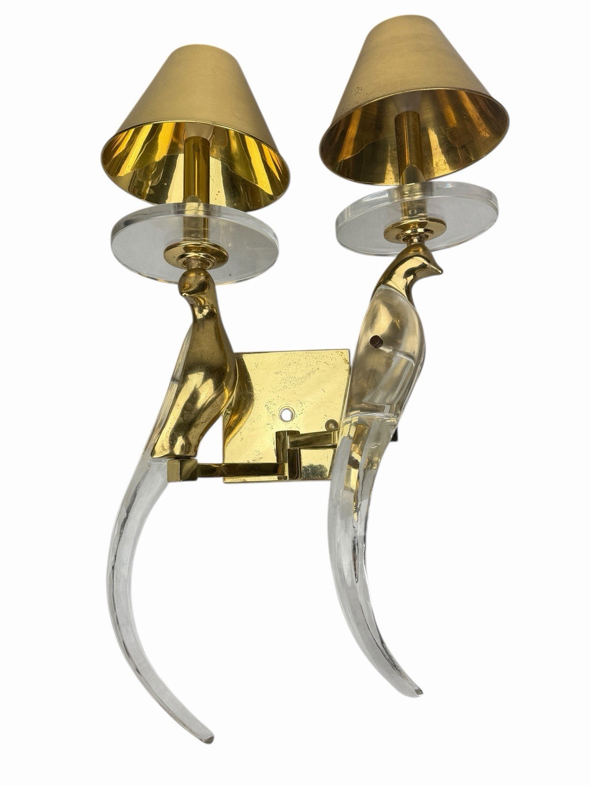 Vintage NULCO Birds Of Paradise SCONCE Double CRYSTAL & BRASS w/ Shades