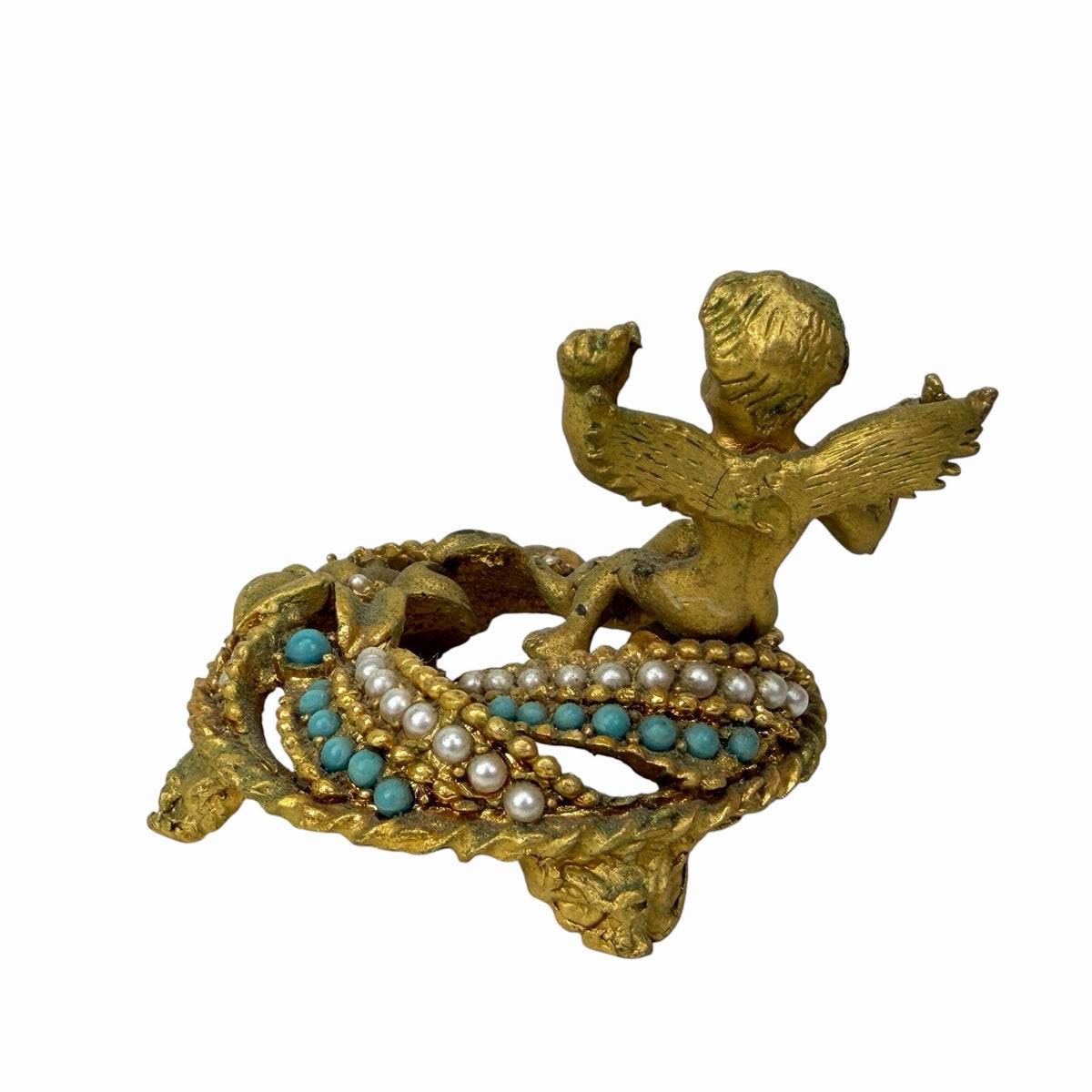Mirella Gold Cherub Jeweled Faux Pearl Turquoise Ring Stand BASE ONLY