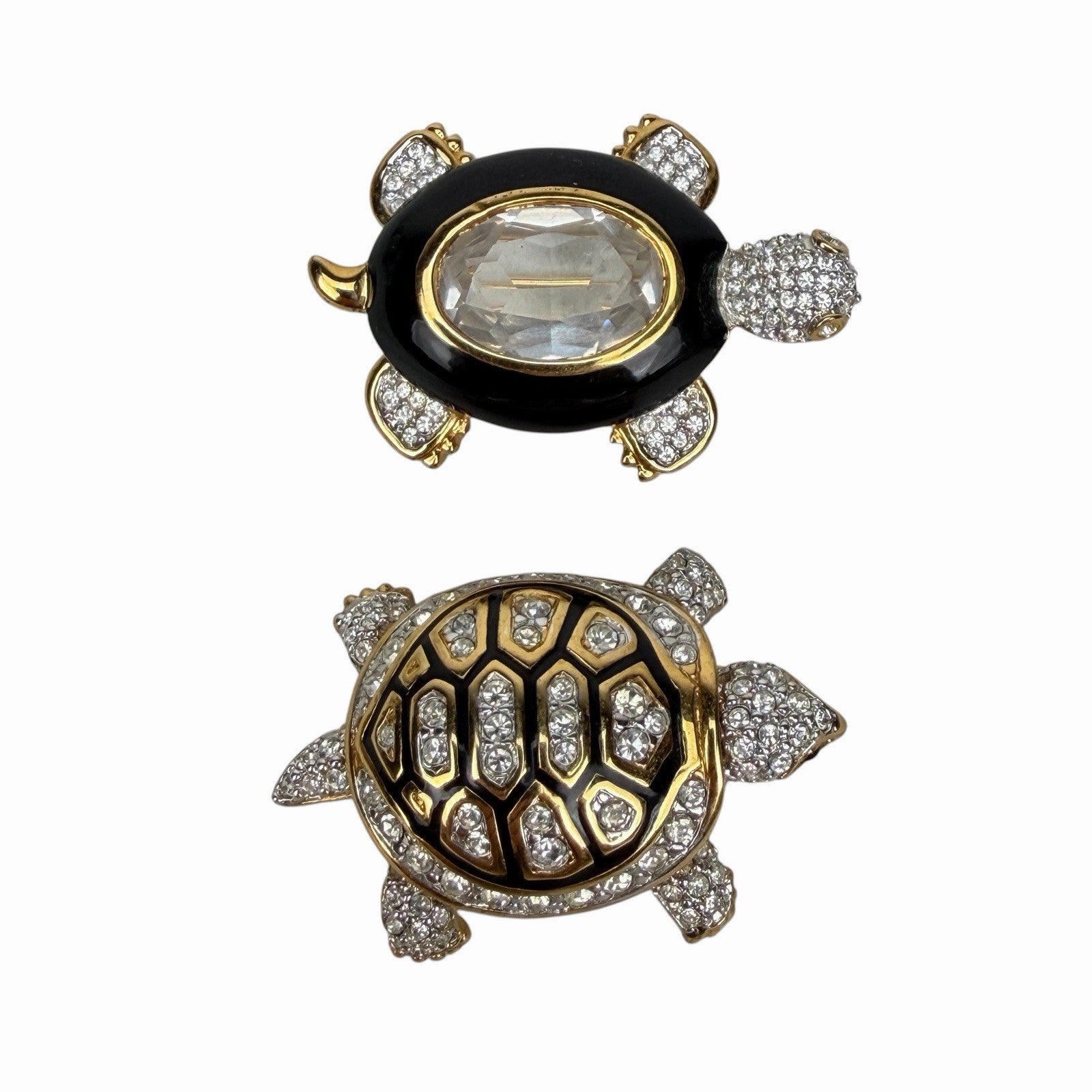 2 Swarovski Crystal Black & Gold TURTLE Tortoise Pin Brooches VINTAGE Enamel