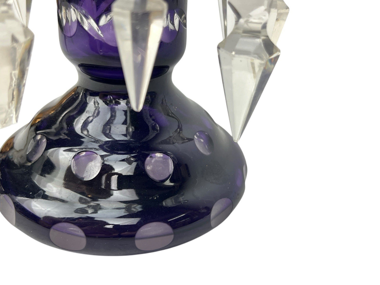 Antique Cut Crystal Amethyst To Clear PURPLE Mantle Lustre w/ Hanging Prisms