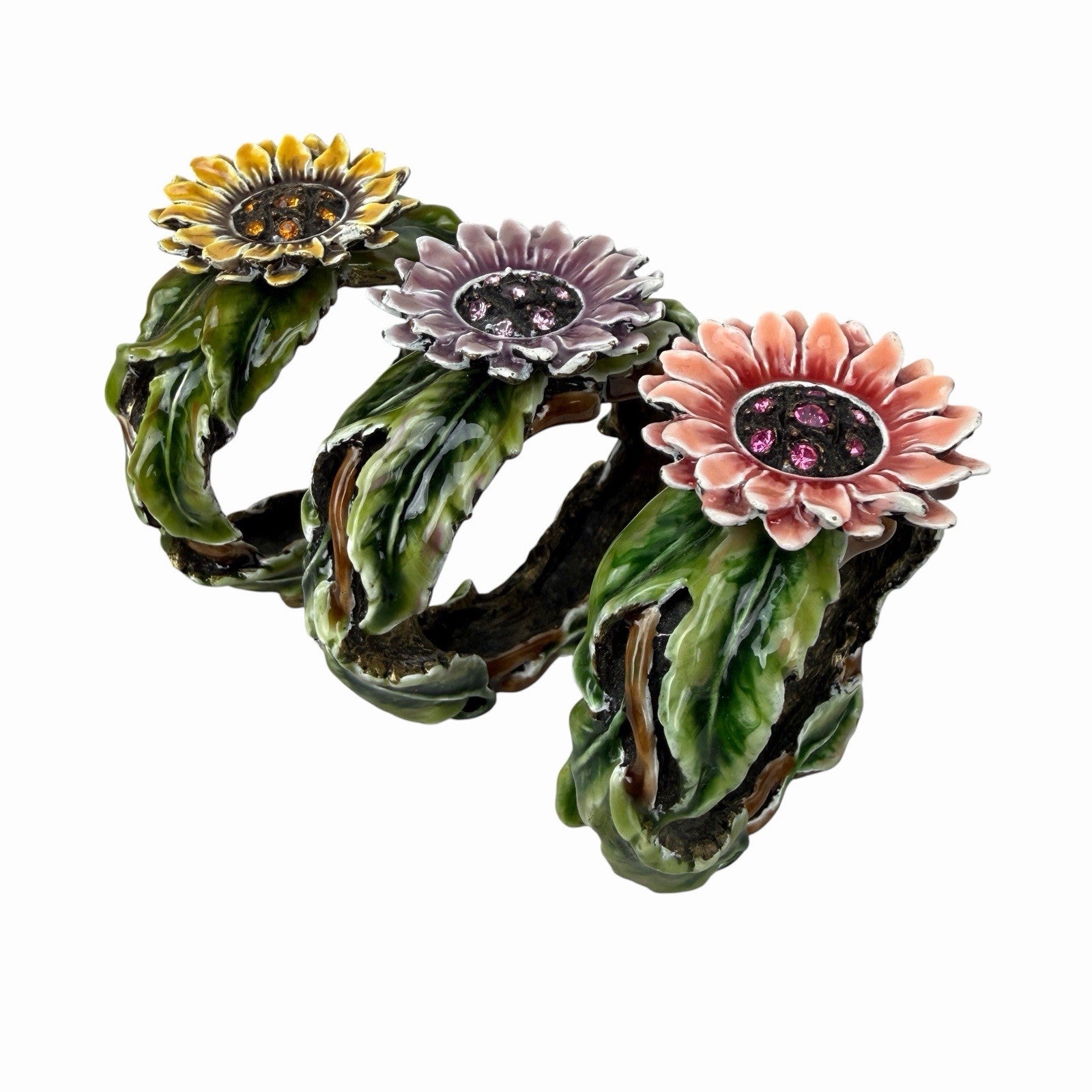 Set Of 3 Sunflower w/ Austrian Crystal Rhinestones NAPKIN RINGS Bronze Metal