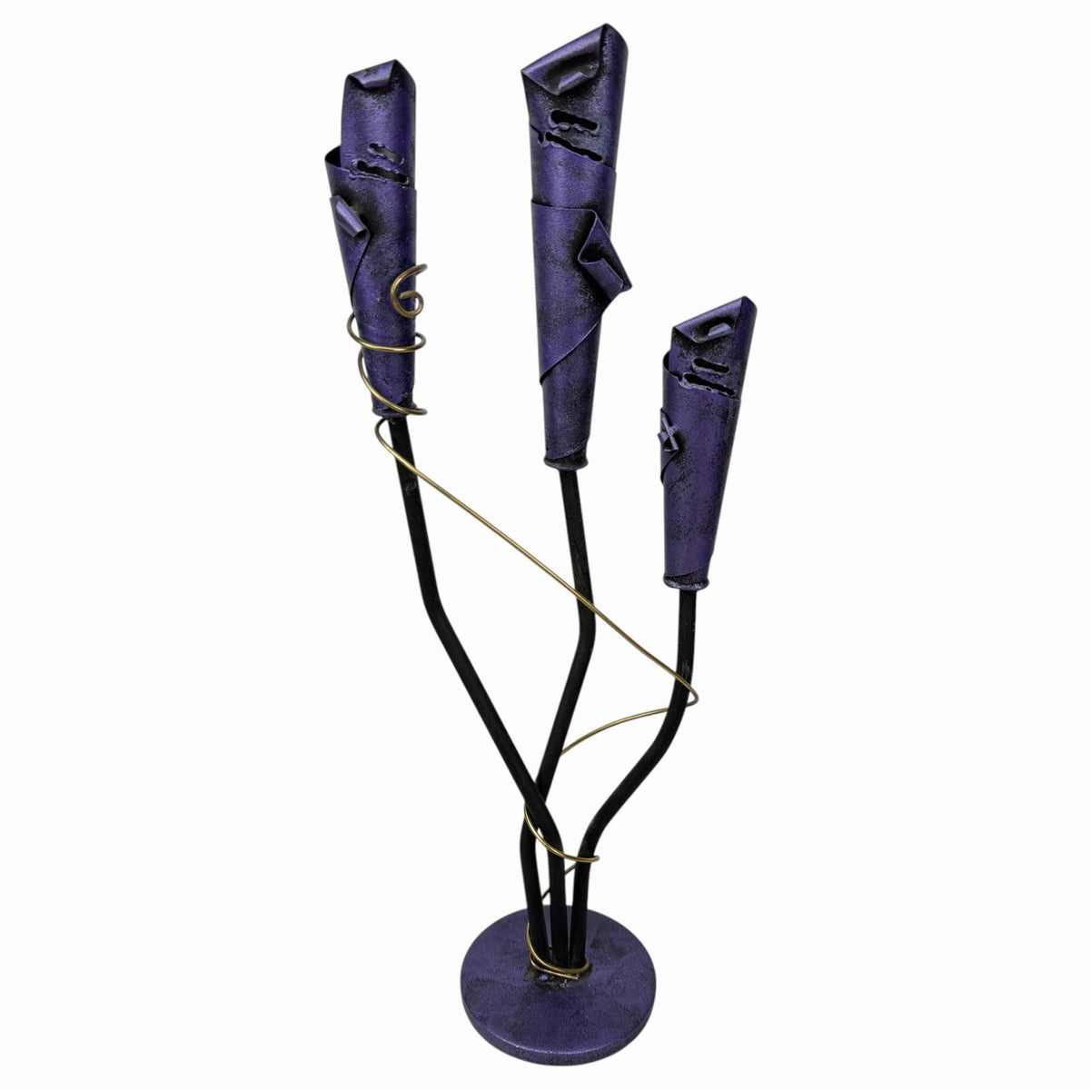 Vintage Postmodern 3 CANDLE HOLDER 19” Purple Metal Sculpture Candelabra Memphis