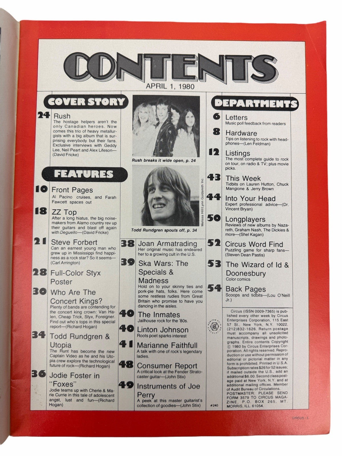 CIRCUS Magazine April 1980 Rush Prog Van Halen Cheap Trick Styx Foreigner ZZ Top