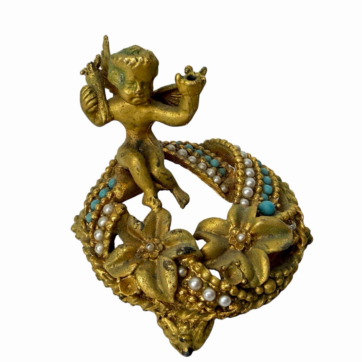 Mirella Gold Cherub Jeweled Faux Pearl Turquoise Ring Stand BASE ONLY