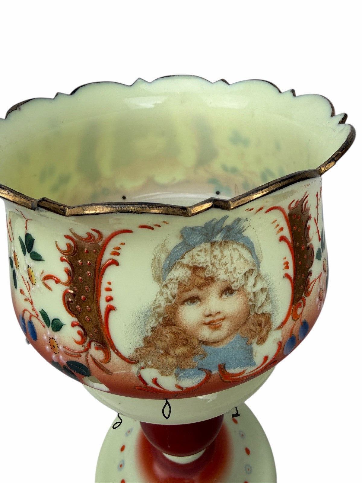 Antique Victorian Bohemian Bristol Glass CHILD PORTRAIT Mantle Lustre Luster