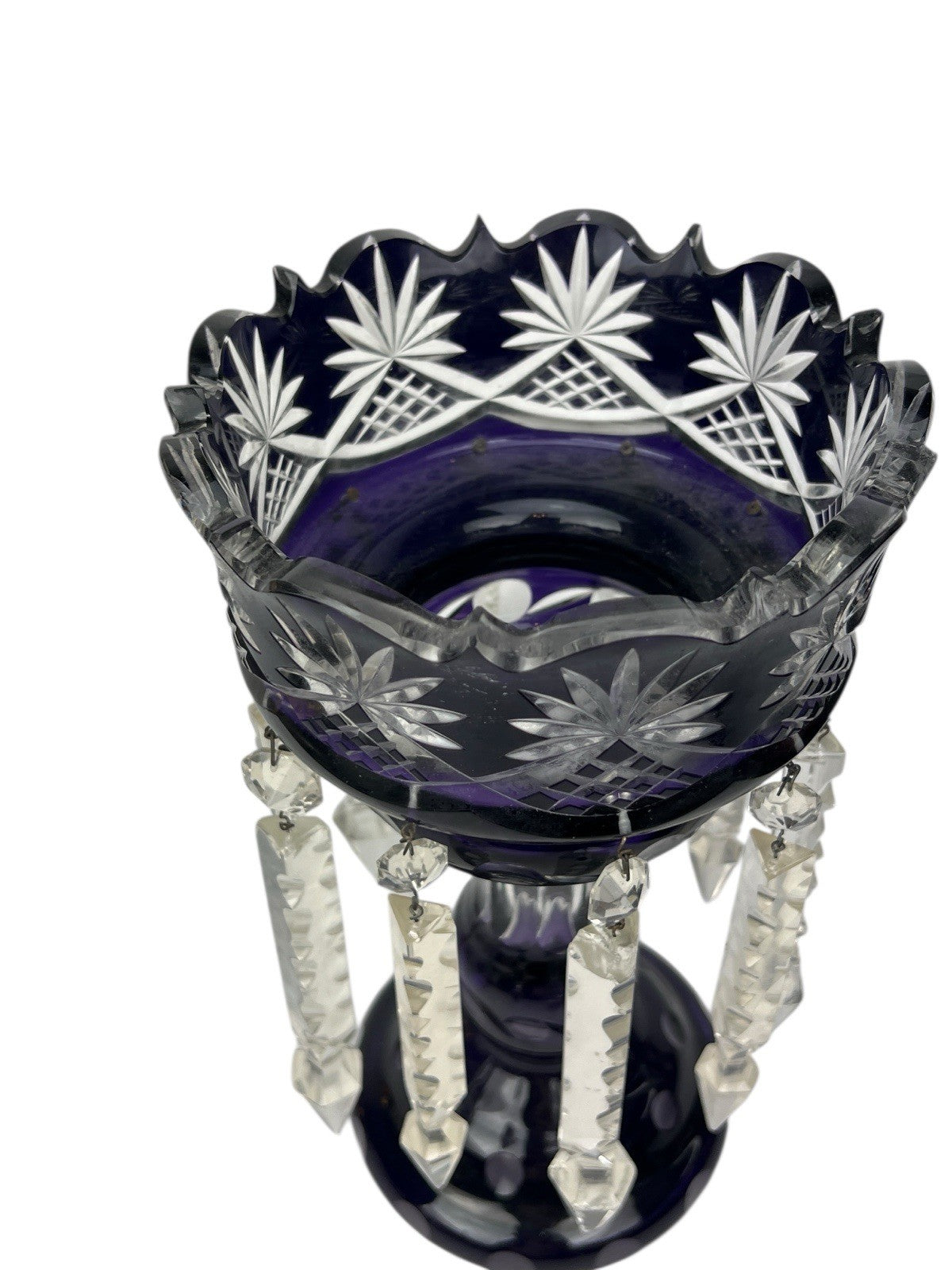 Antique Cut Crystal Amethyst To Clear PURPLE Mantle Lustre w/ Hanging Prisms