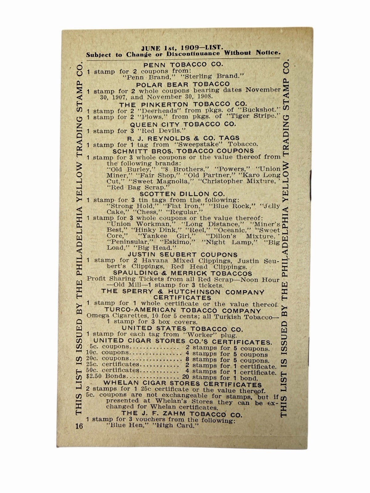 Antique 1909 Philadelphia Yellow Trading Stamp Co LIST Store Catalog Advertising