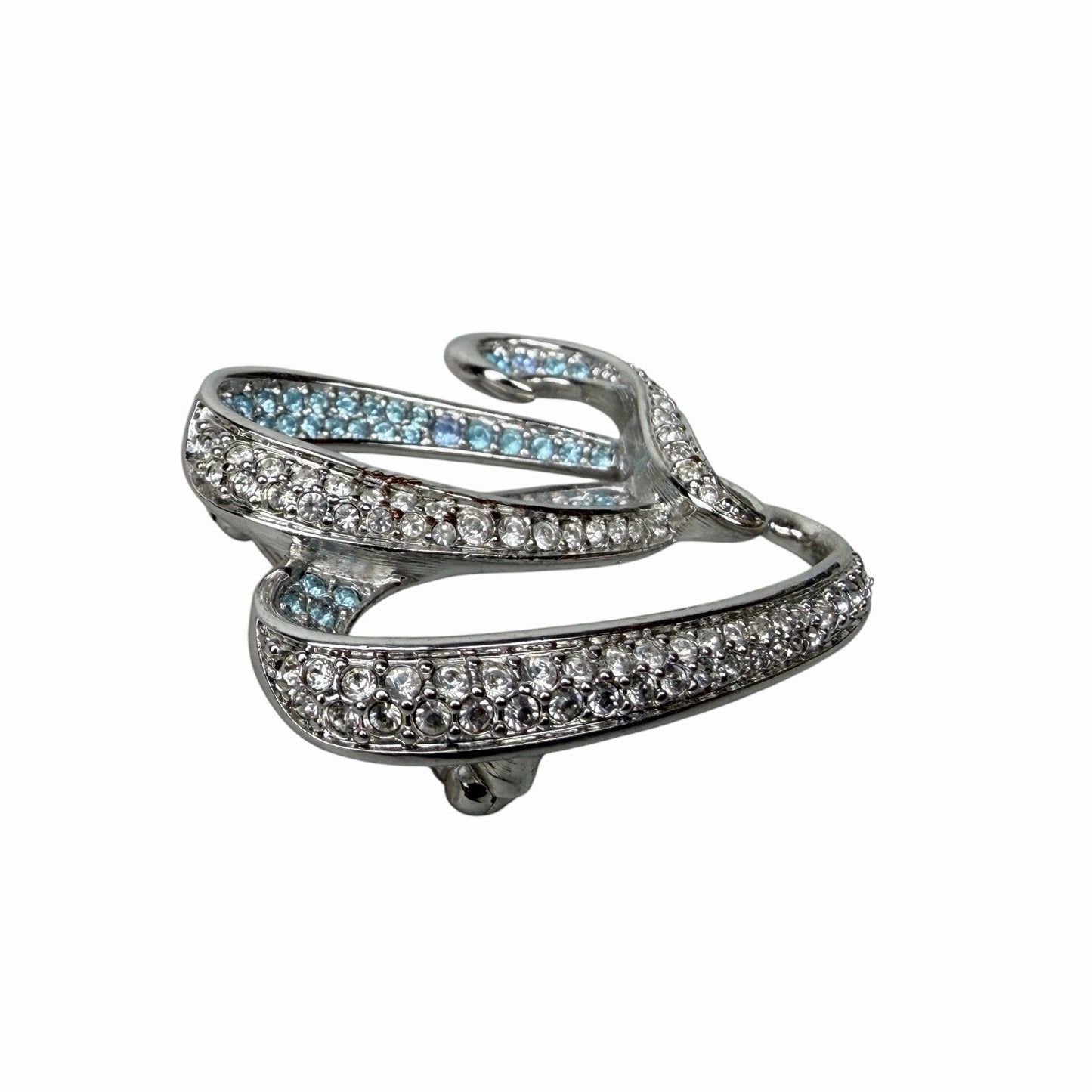 Vintage SWAROVSKI Blue & White Crystal Silver Rhinestone HEART RIBBON Brooch Pin