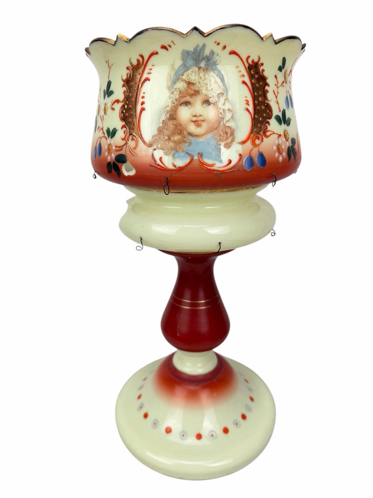 Antique Victorian Bohemian Bristol Glass CHILD PORTRAIT Mantle Lustre Luster