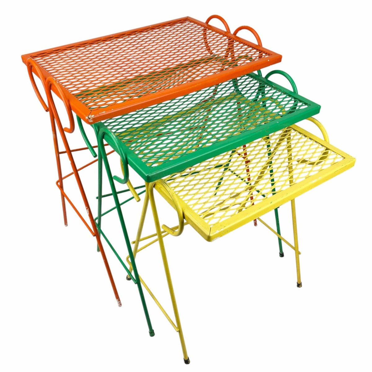 Vintage 1950s MCM Wrought Iron Mesh Salterini Style Nesting Side Tables Set Of 3