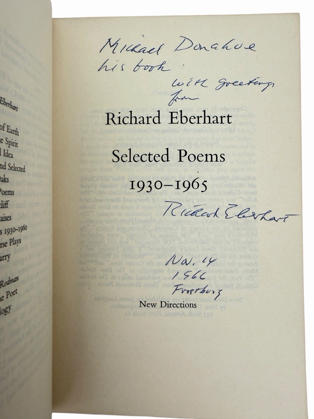 SIGNED Richard Eberhart: Selected Poems 1930-1965 New Direction NDP198 Pulitzer
