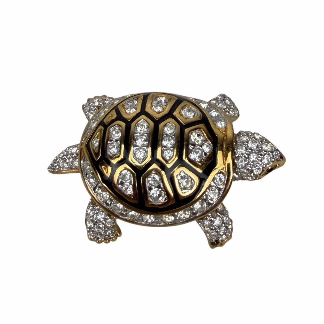 2 Swarovski Crystal Black & Gold TURTLE Tortoise Pin Brooches VINTAGE Enamel