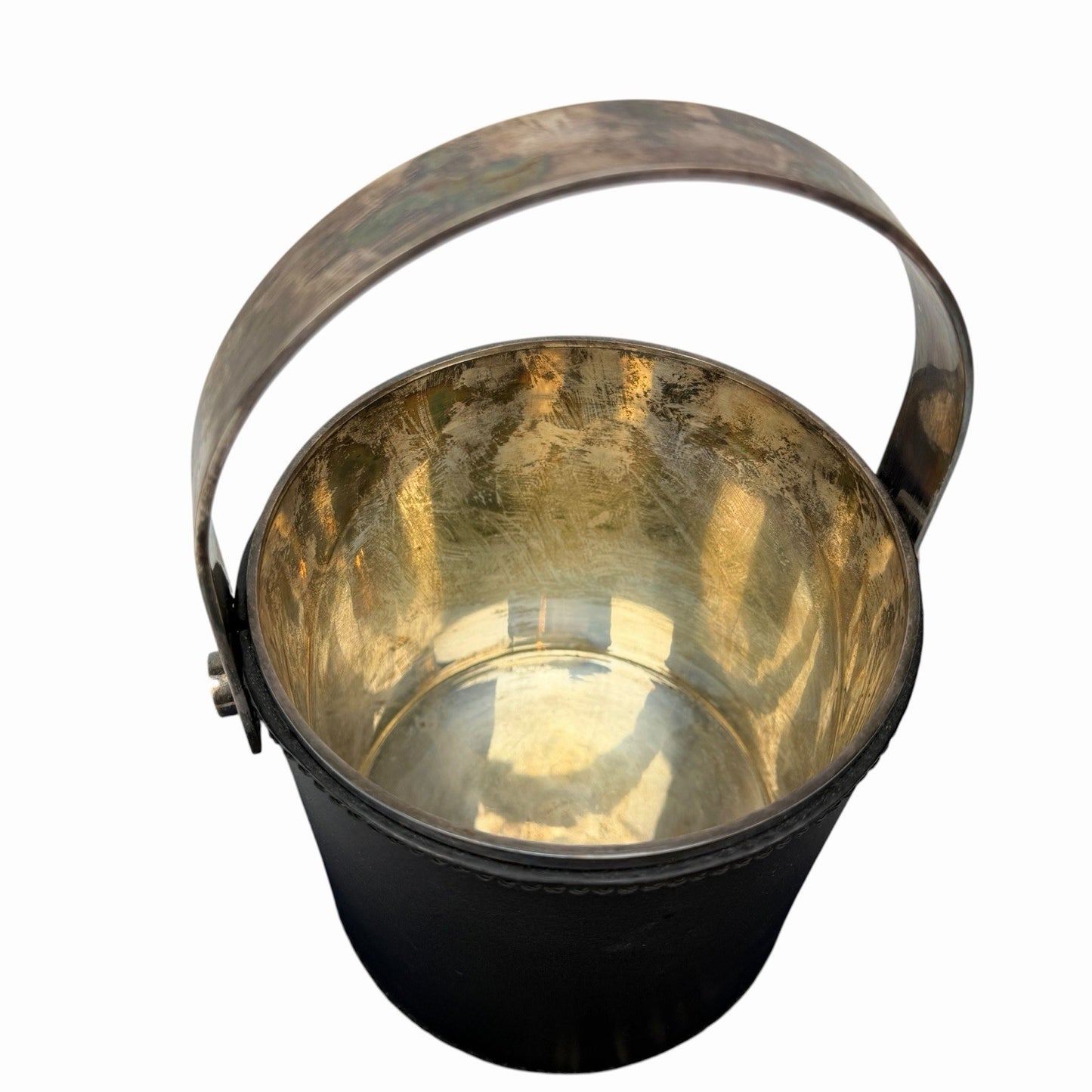 Vintage RALPH LAUREN Leather / Silver Plated ICE BUCKET w/ Swing Handle DUST BAG