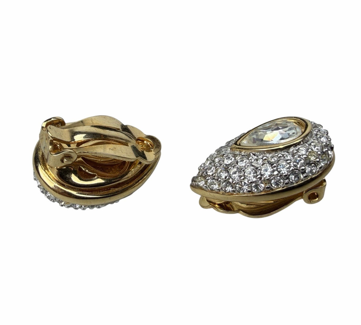 Vintage SWAROVSKI Teardrop Pear Gold Tone Crystal Pave Clip-On EARRINGS Costume