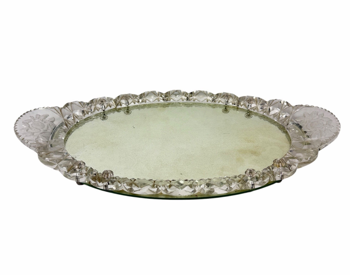 Vintage Oval Mirrored Perfume TRAY Vanity w/ Cut Crystal Glass Rim & Handles 17”