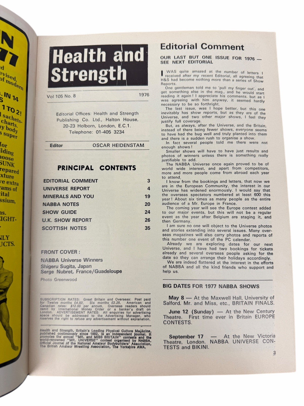 2 HEALTH AND STRENGTH 1976 Serge Nubret Vol105 #8 & 9 UK Bodybuilding Magazines