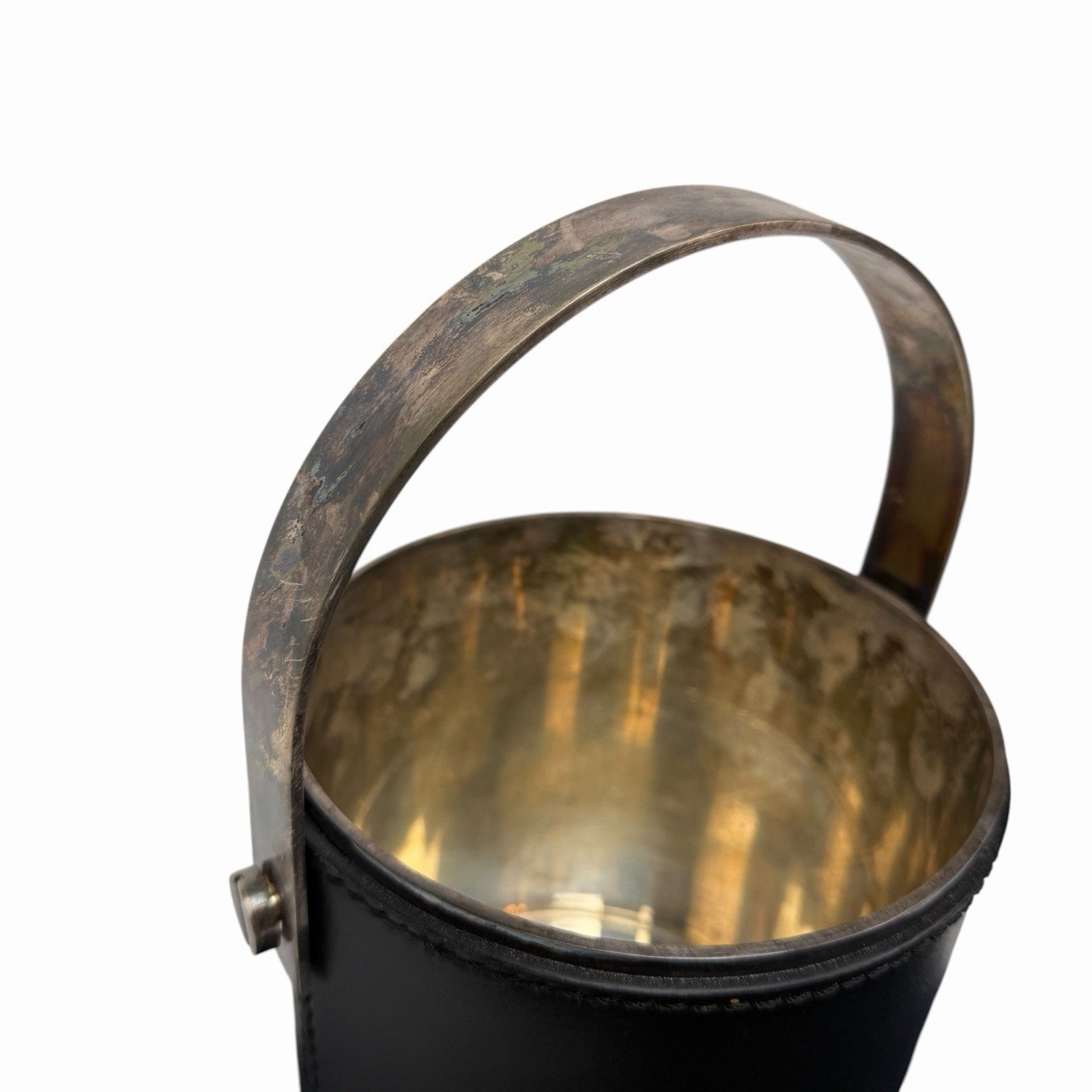 Vintage RALPH LAUREN Leather / Silver Plated ICE BUCKET w/ Swing Handle DUST BAG