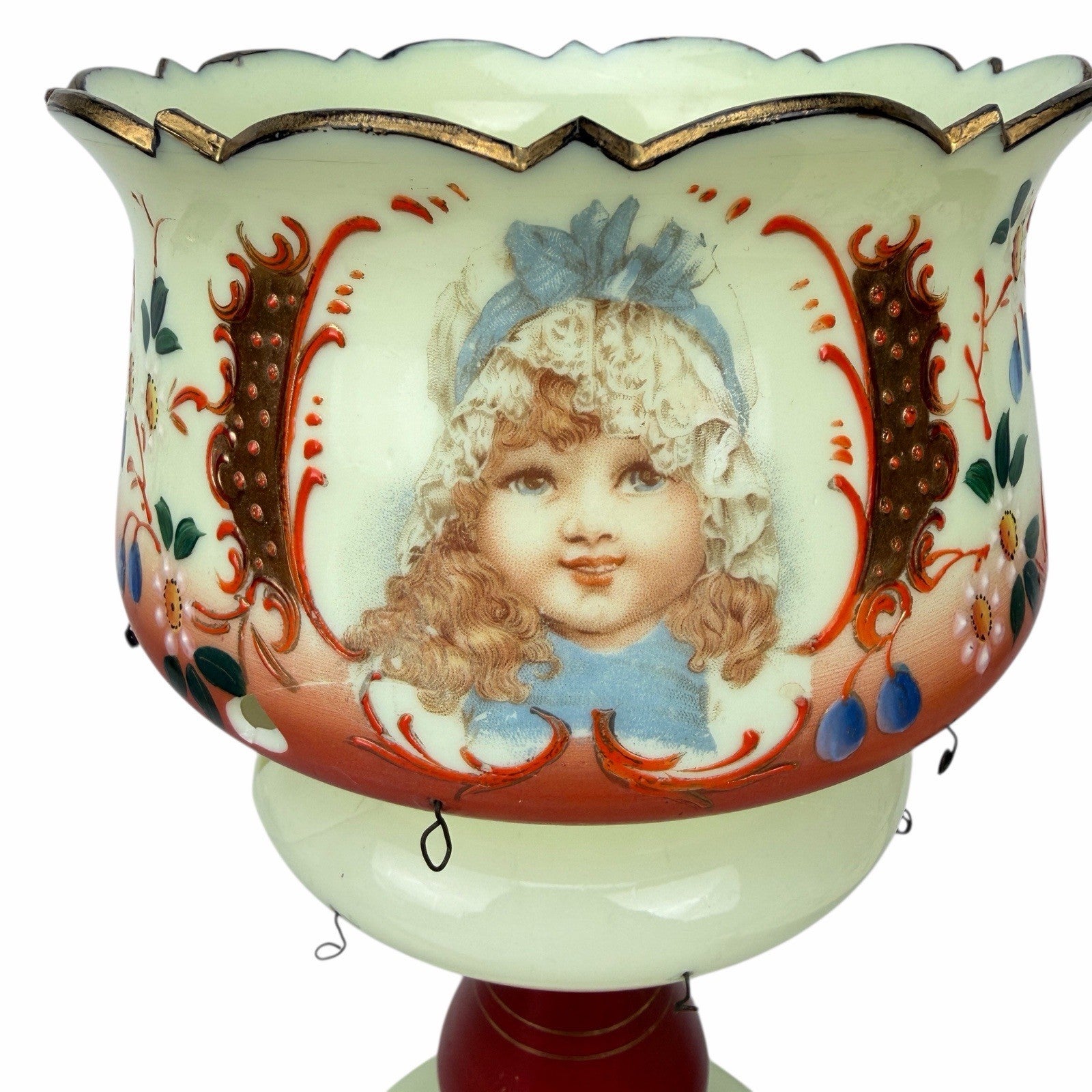 Antique Victorian Bohemian Bristol Glass CHILD PORTRAIT Mantle Lustre Luster