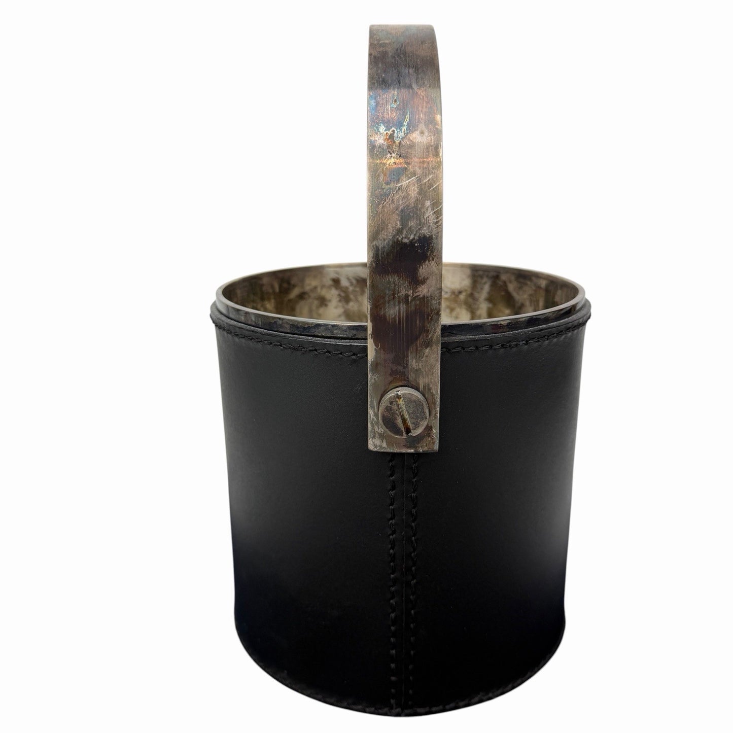 Vintage RALPH LAUREN Leather / Silver Plated ICE BUCKET w/ Swing Handle DUST BAG
