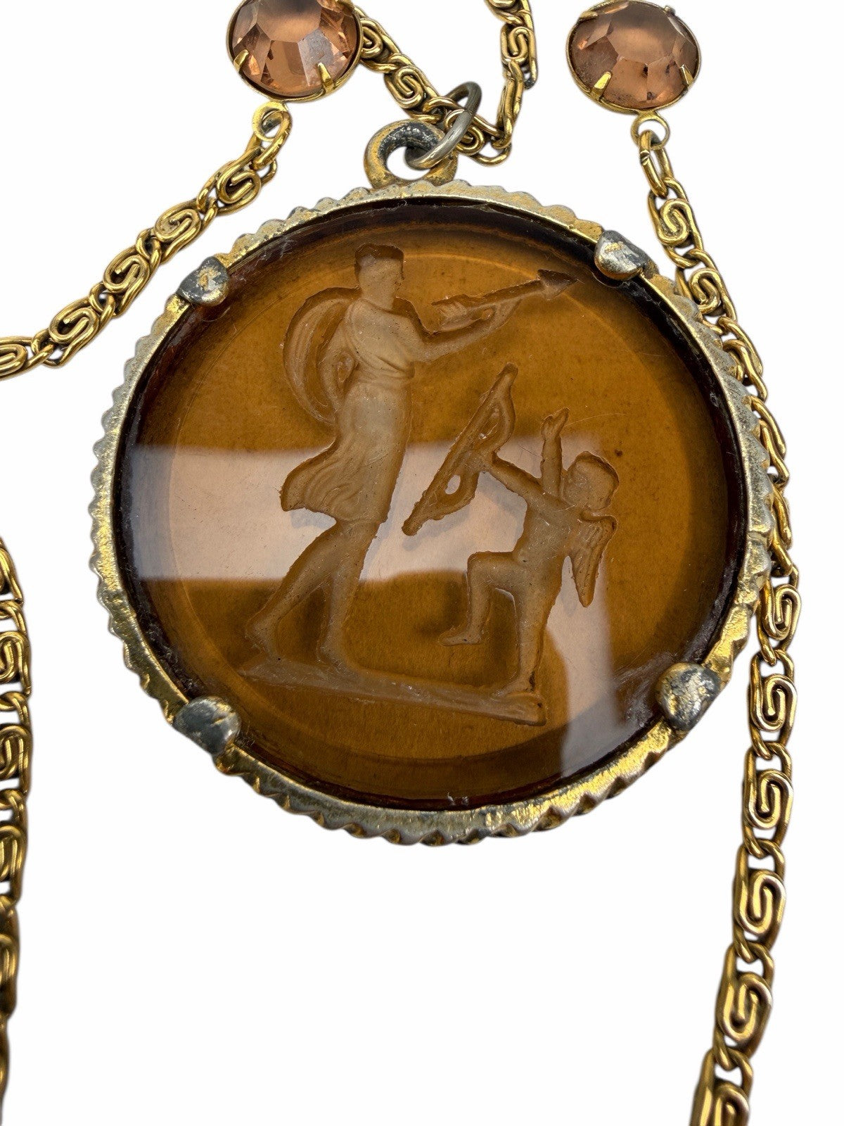 Vintage GOLDETTE Glass Intaglio Multi 3 Strand Long NECKLACE Amber CUPID / VENUS