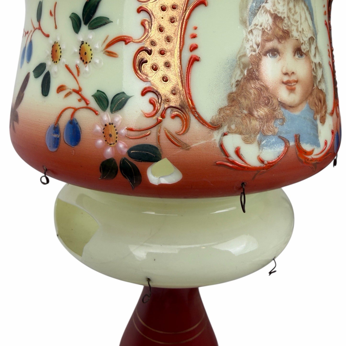 Antique Victorian Bohemian Bristol Glass CHILD PORTRAIT Mantle Lustre Luster