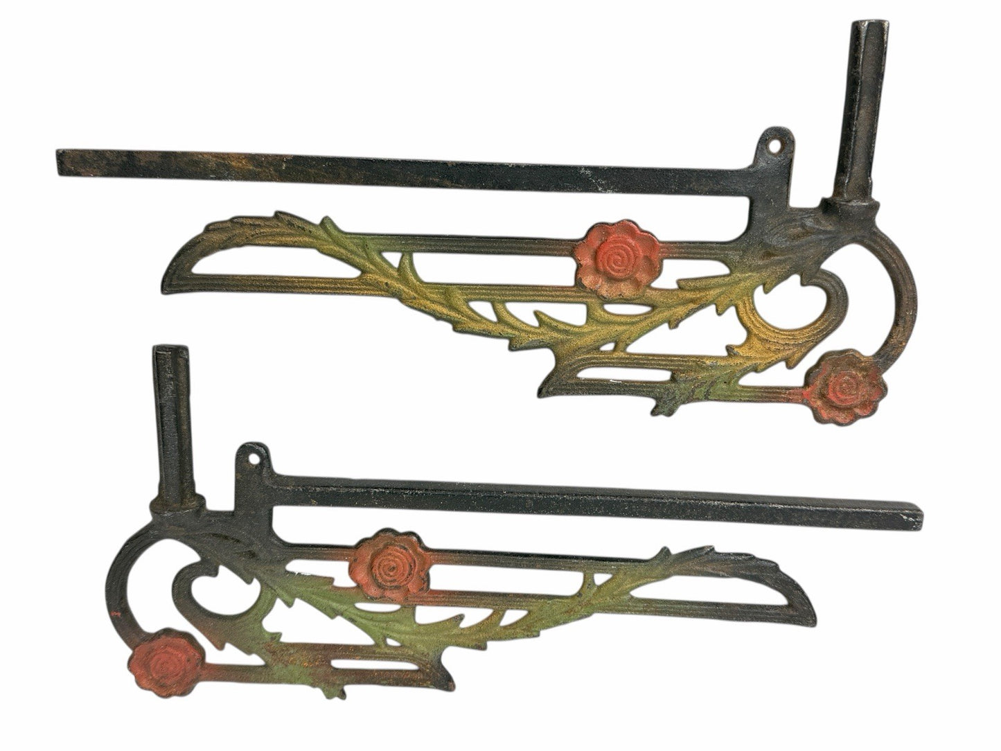 2 Antique Art Deco Cast Iron Swing Arm Curtain Rods ROSE FLORAL