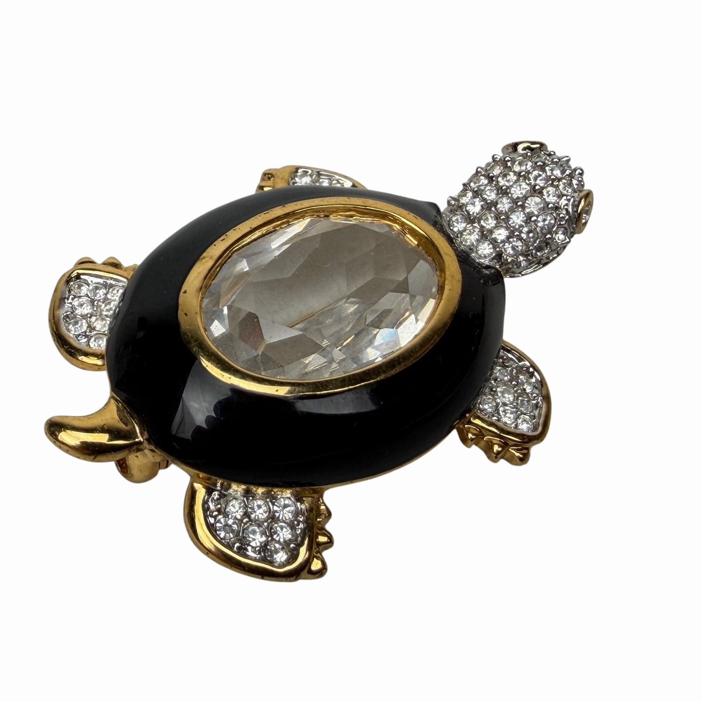 2 Swarovski Crystal Black & Gold TURTLE Tortoise Pin Brooches VINTAGE Enamel