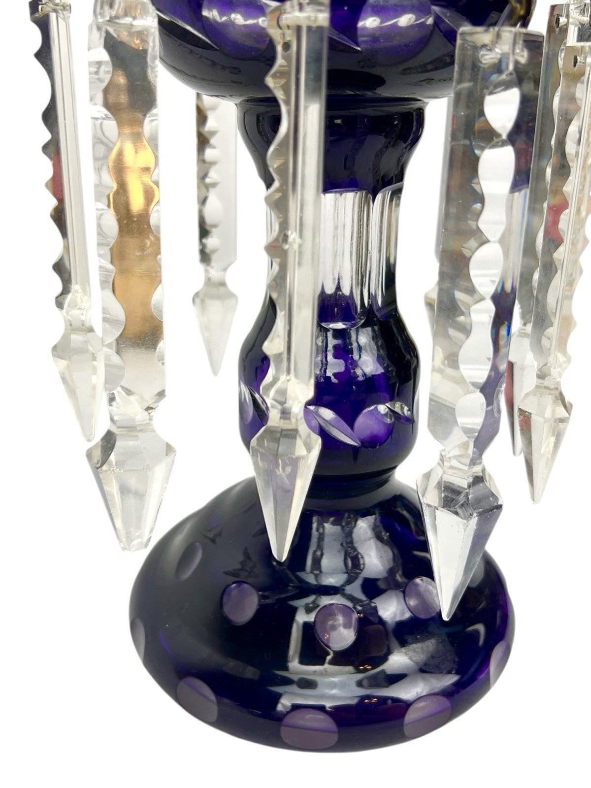 Antique Cut Crystal Amethyst To Clear PURPLE Mantle Lustre w/ Hanging Prisms