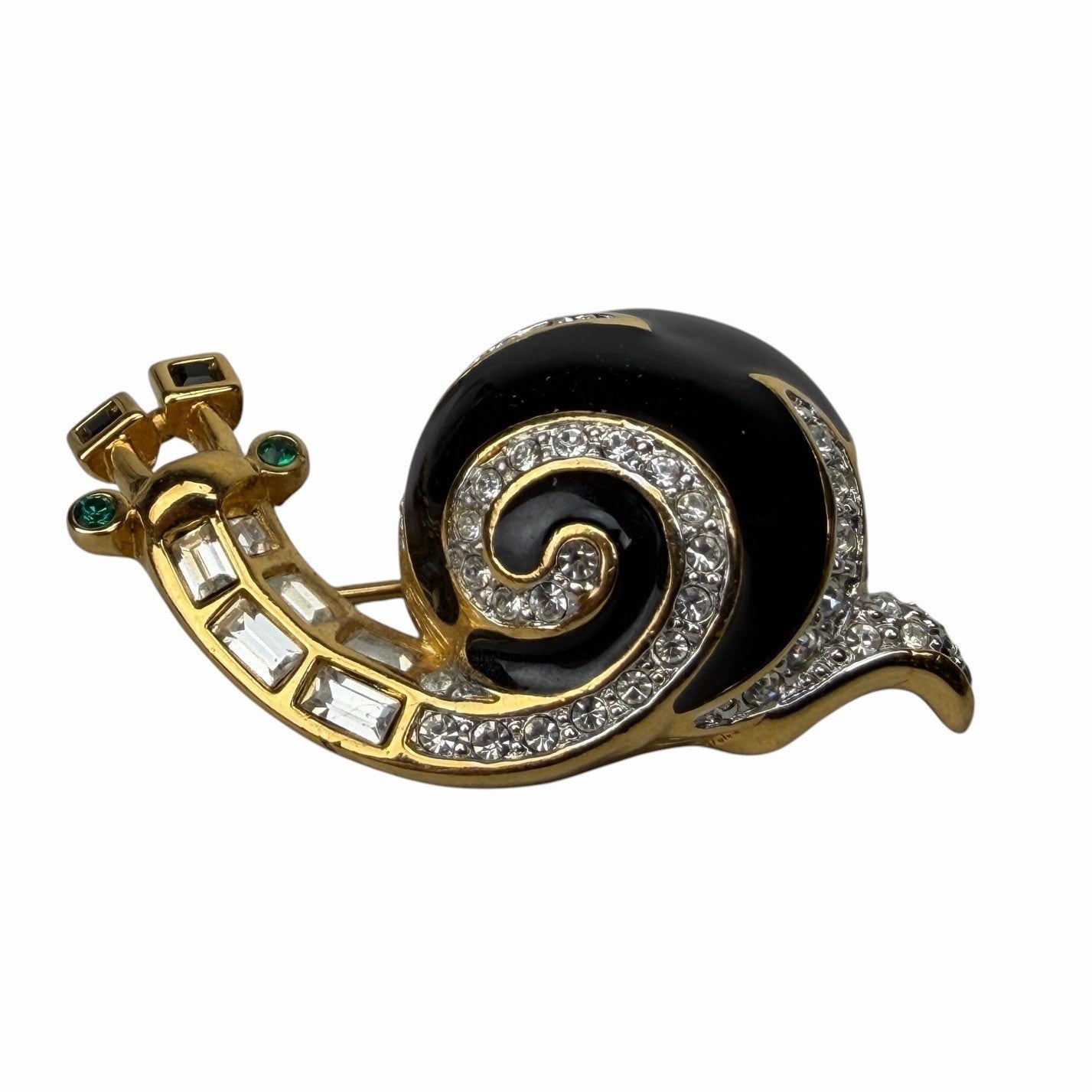 Vintage SWAROVSKI Black, Gold, Green Crystal SNAIL BROOCH PIN Signed