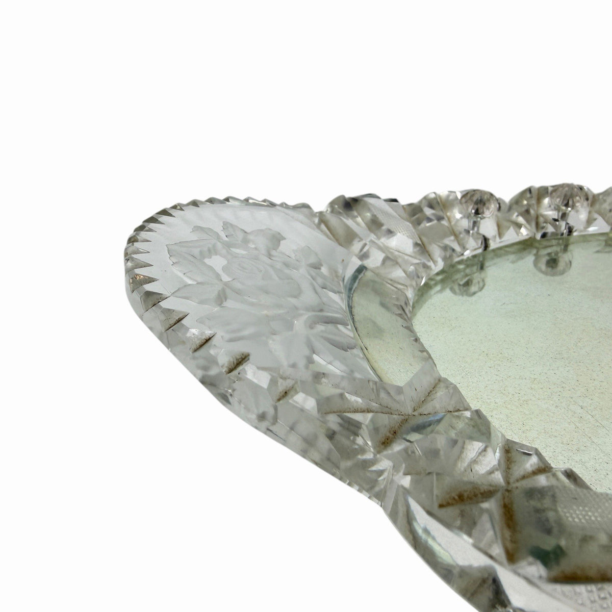 Vintage Oval Mirrored Perfume TRAY Vanity w/ Cut Crystal Glass Rim & Handles 17”