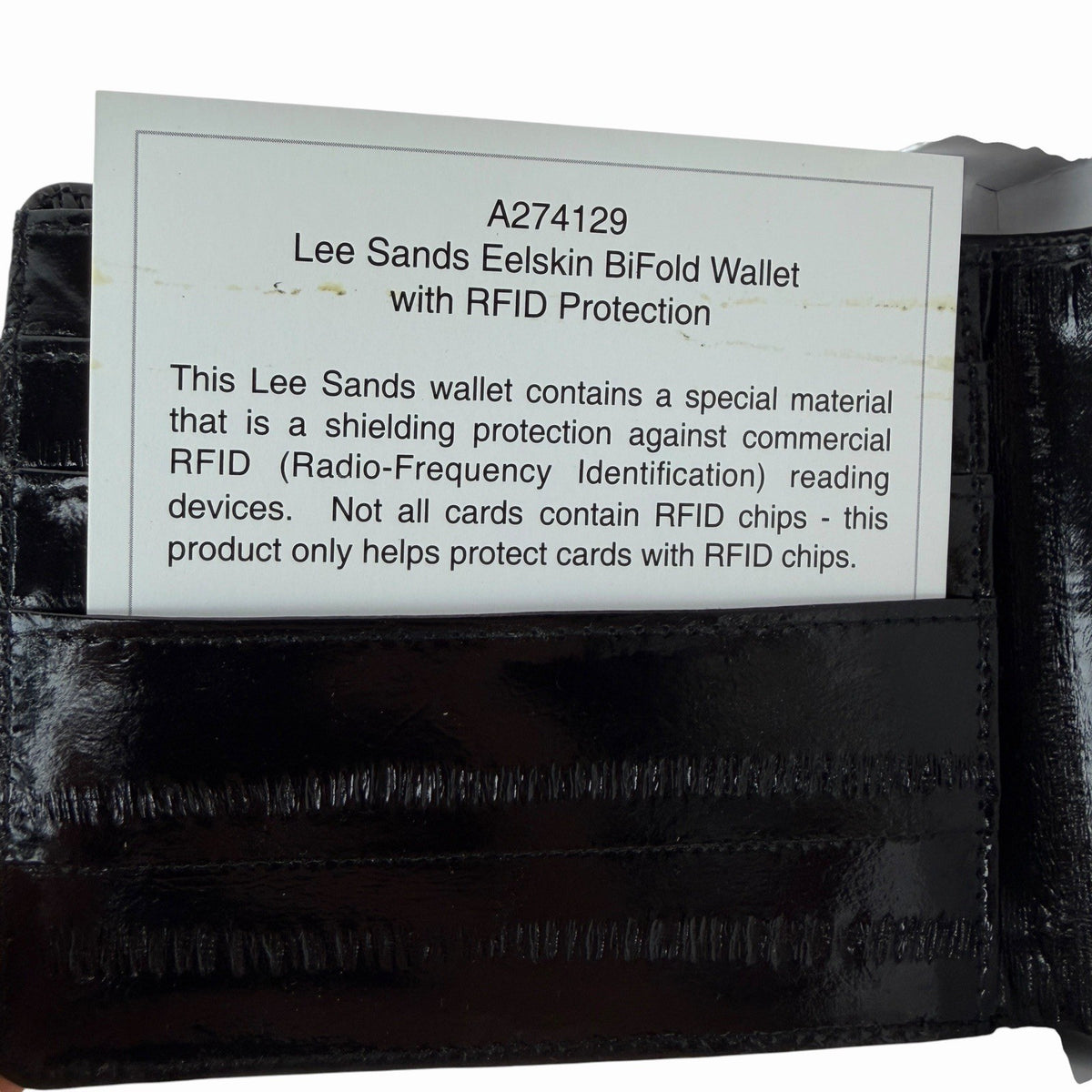 LEE SANDS Black EEL SKIN LEATHER Bifold Wallet RFID Window Flap NEW IN BOX