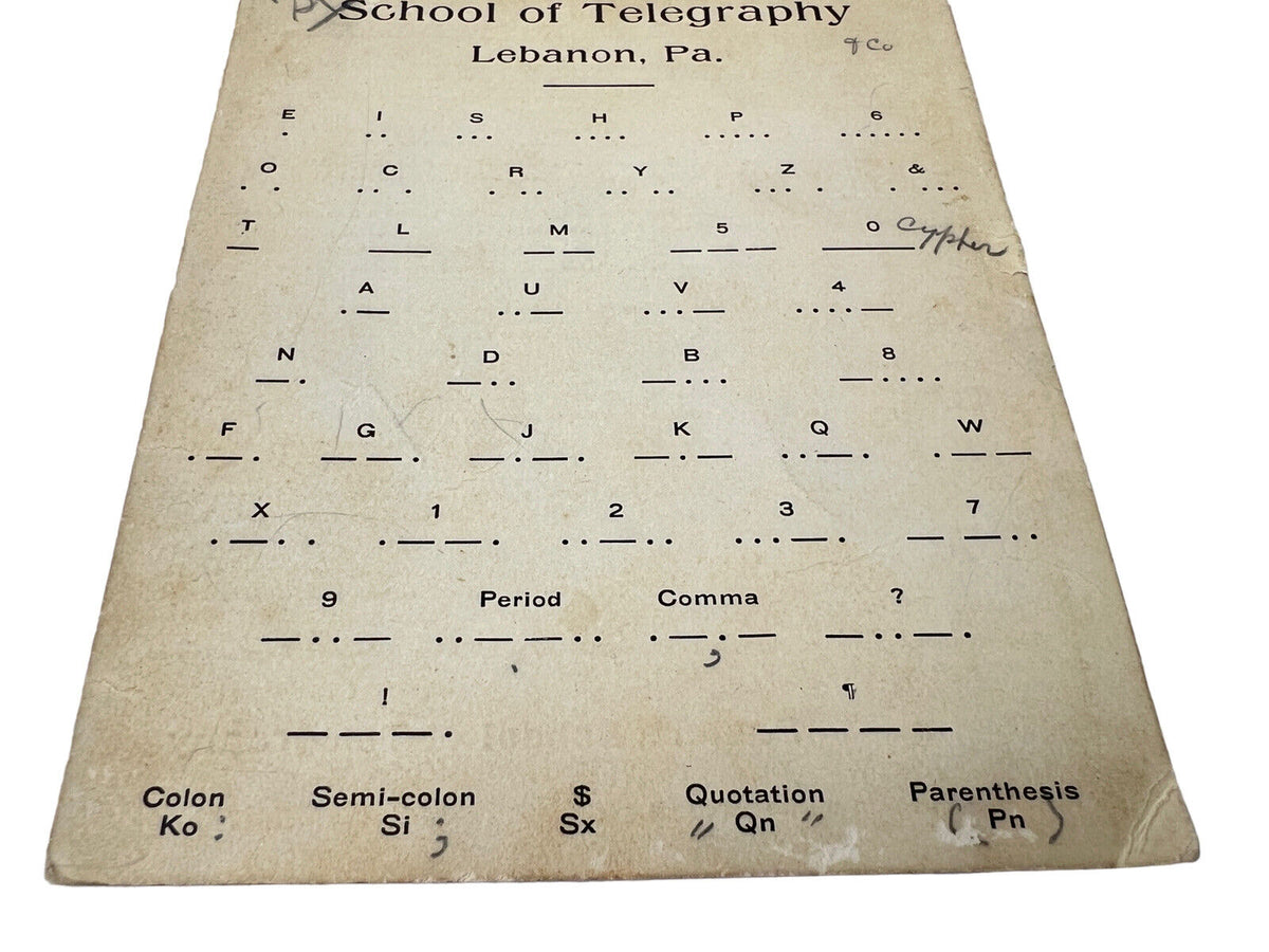 Antique 1900s EASTERN SCHOOL OF TELEGRAPHY Rules & Morse Code Card PEN ...