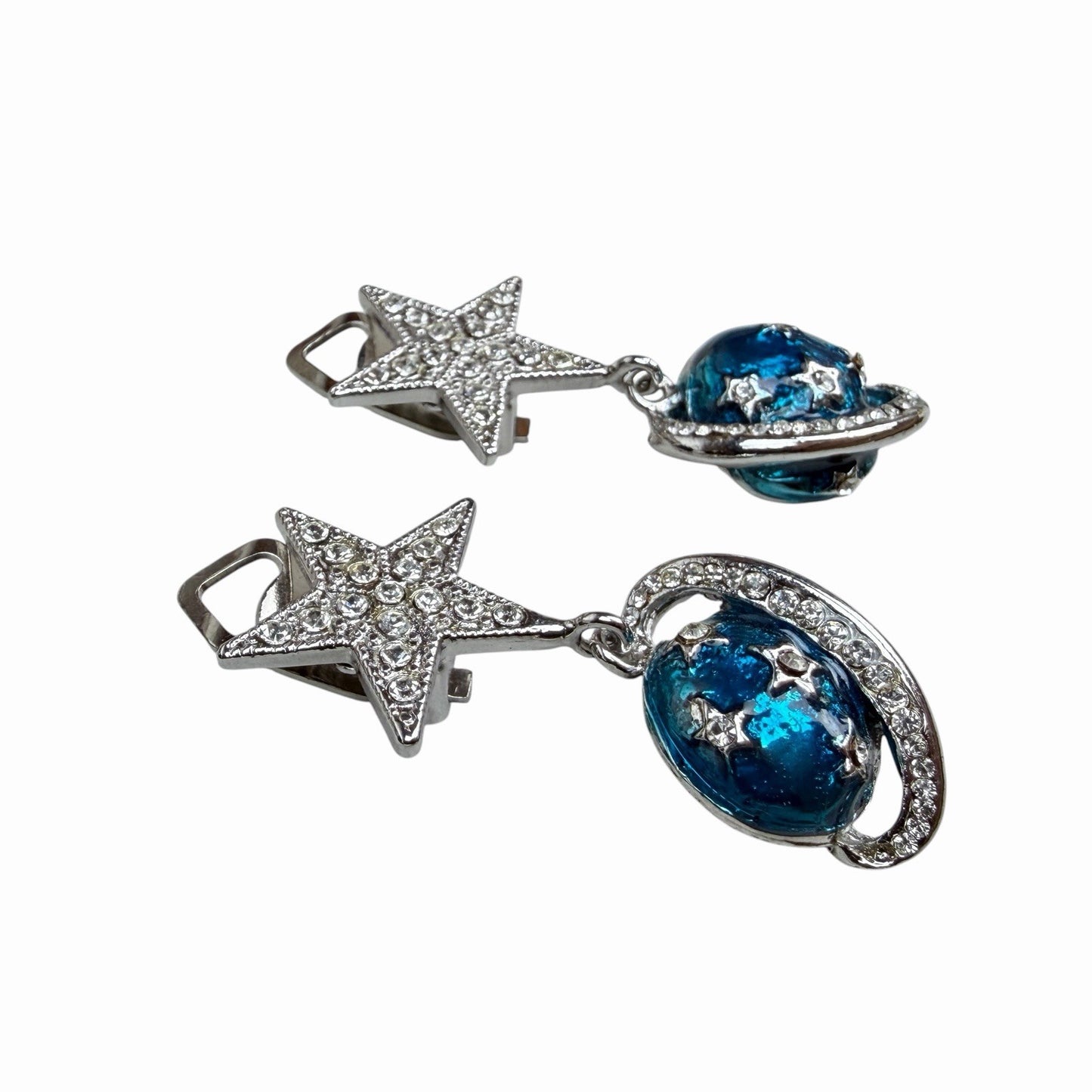 Vintage CARLO ZINI Couture STAR & PLANET Blue Enamel Crystal DANGLE EARRINGS Y2K