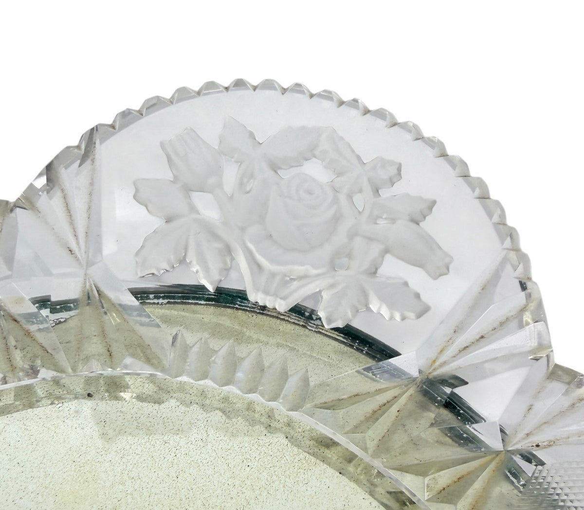 Vintage Oval Mirrored Perfume TRAY Vanity w/ Cut Crystal Glass Rim & Handles 17”