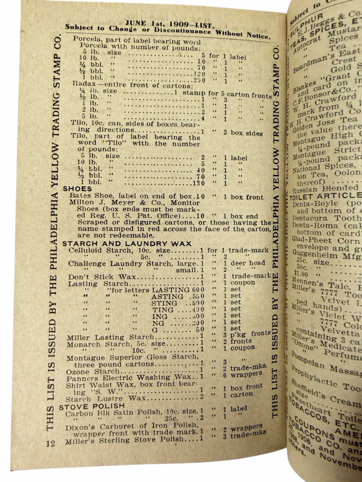 Antique 1909 Philadelphia Yellow Trading Stamp Co LIST Store Catalog Advertising