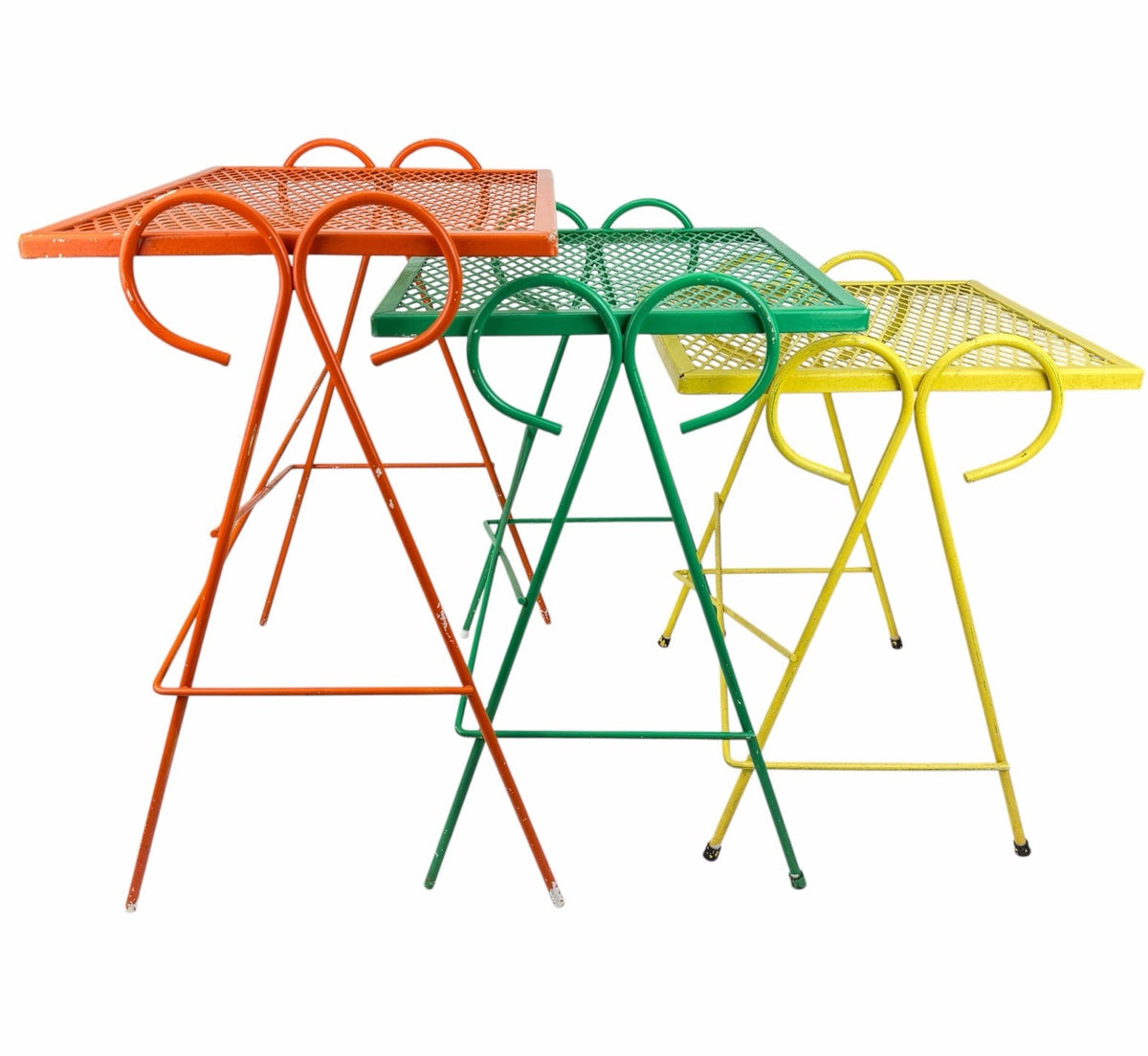 Vintage 1950s MCM Wrought Iron Mesh Salterini Style Nesting Side Tables Set Of 3