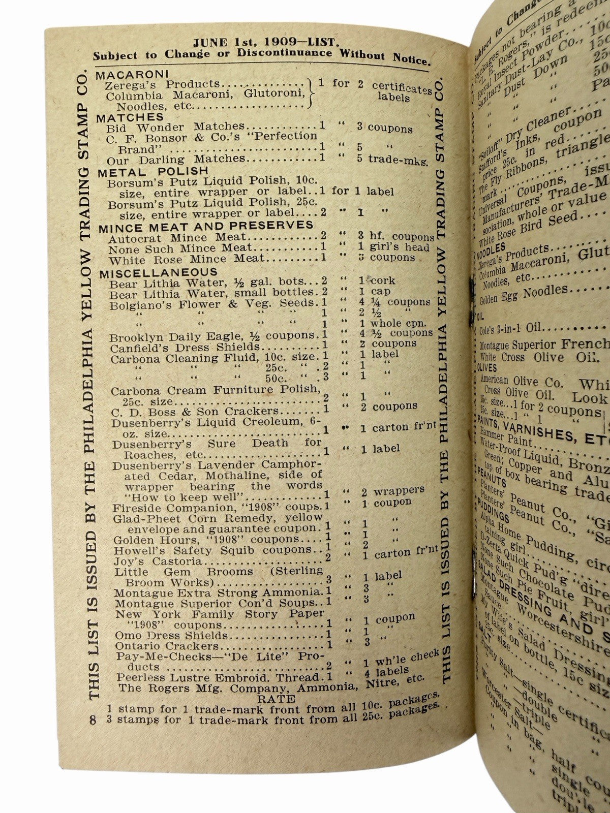 Antique 1909 Philadelphia Yellow Trading Stamp Co LIST Store Catalog Advertising