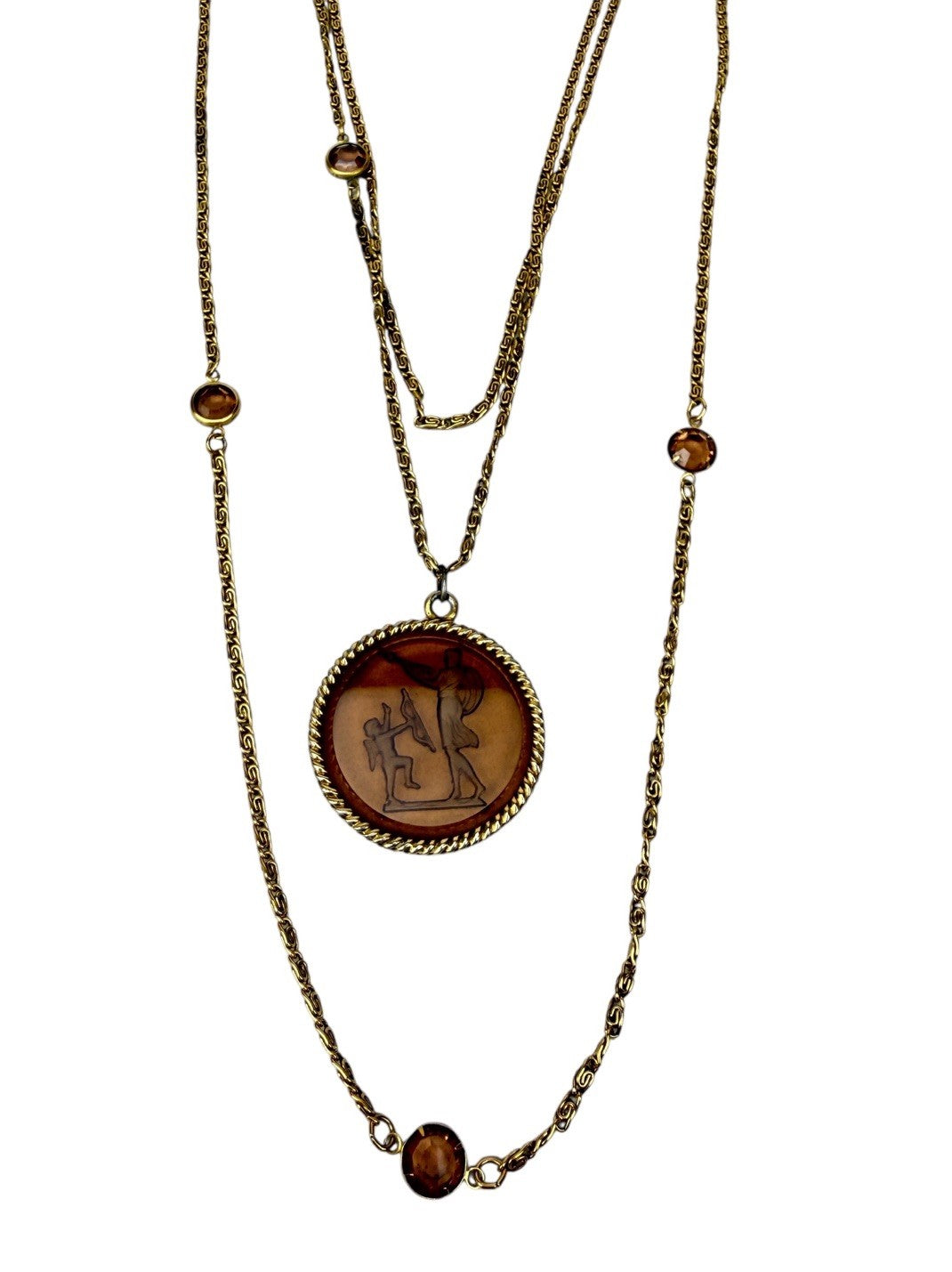 Vintage GOLDETTE Glass Intaglio Multi 3 Strand Long NECKLACE Amber CUPID / VENUS