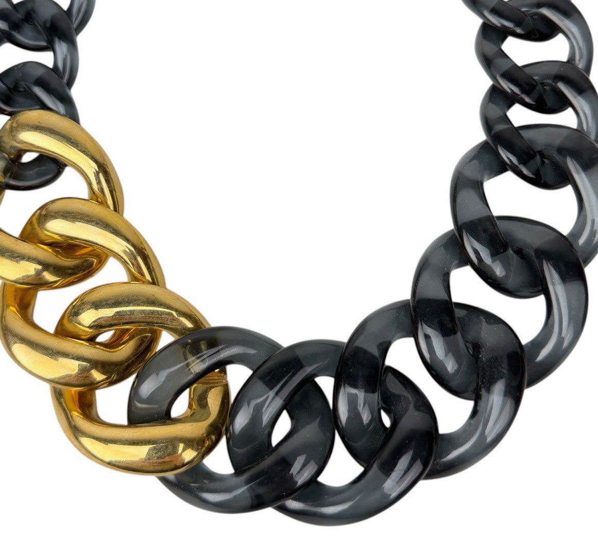 Vintage Gold & Gray Lucite Chunky Cuban Chain Link Necklace ITALY Luisa Spagnoli