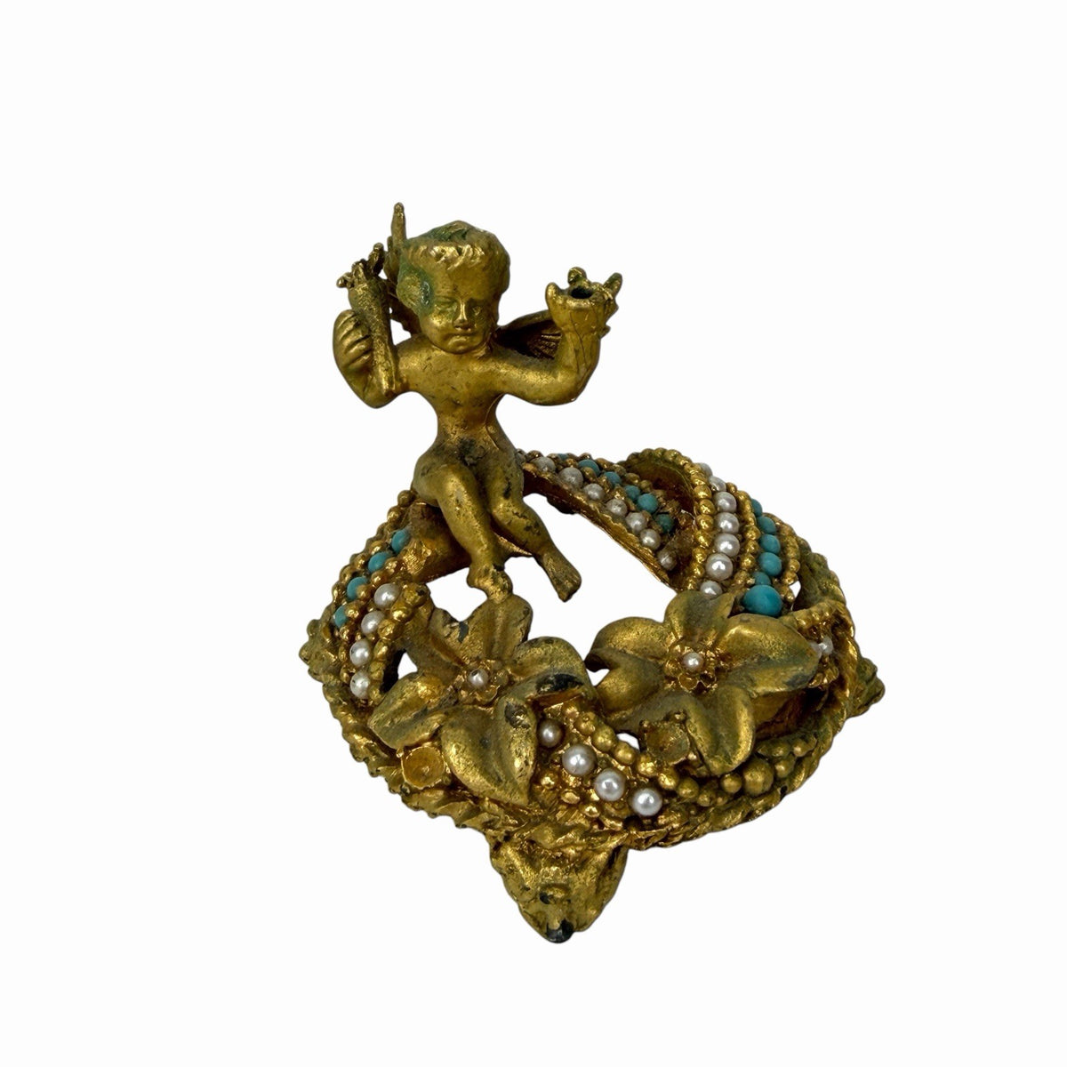 Mirella Gold Cherub Jeweled Faux Pearl Turquoise Ring Stand BASE ONLY