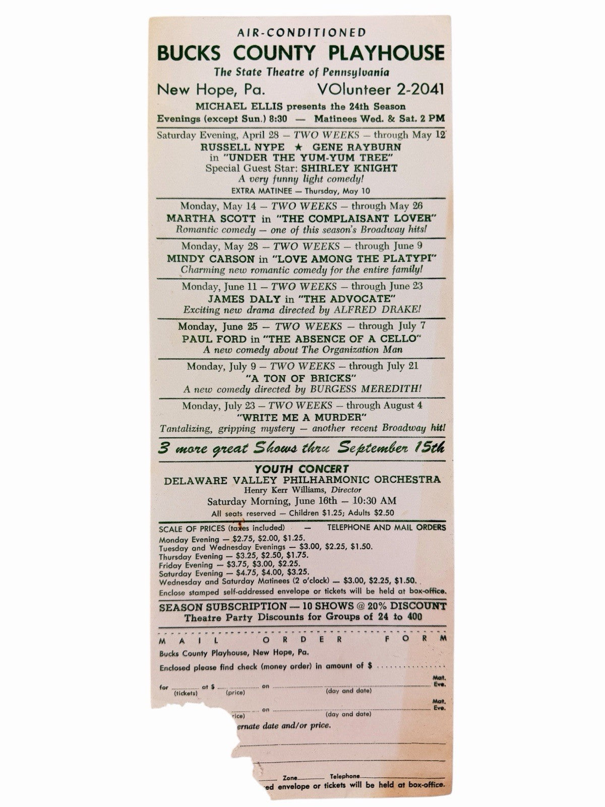 Vintage 1962 Bucks County Playhouse NEW HOPE PA Playbill & Season Handbill Flyer