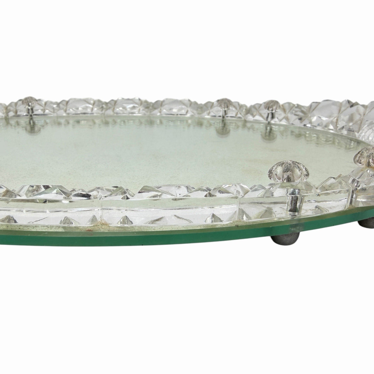 Vintage Oval Mirrored Perfume TRAY Vanity w/ Cut Crystal Glass Rim & Handles 17”