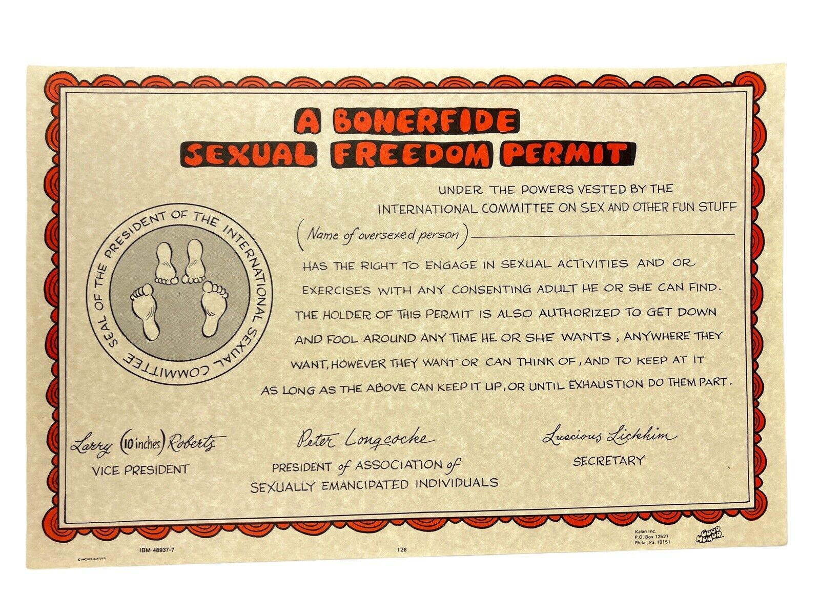 Vintage 1978 Bonerfide Sexual Freedom Permit GOOD HUMOR KALAN INC. Art ...