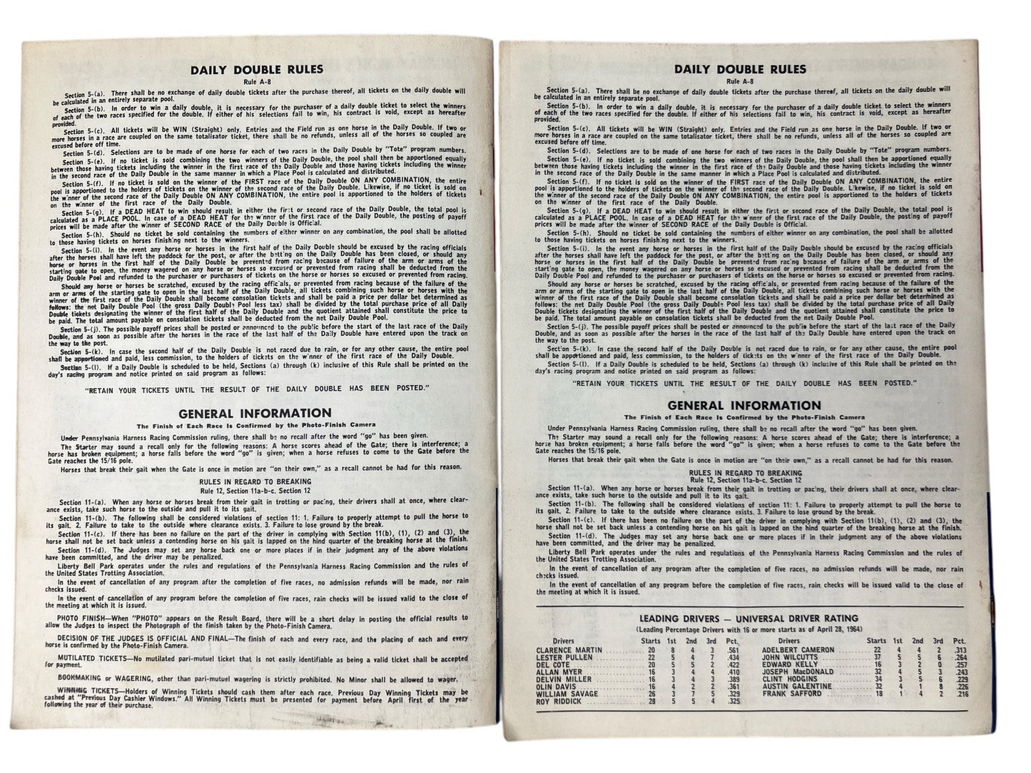 Vintage 1964 LIBERTY BELL PARK Harness Horse Racing 2 PROGRAMS 8th & 20th Nights