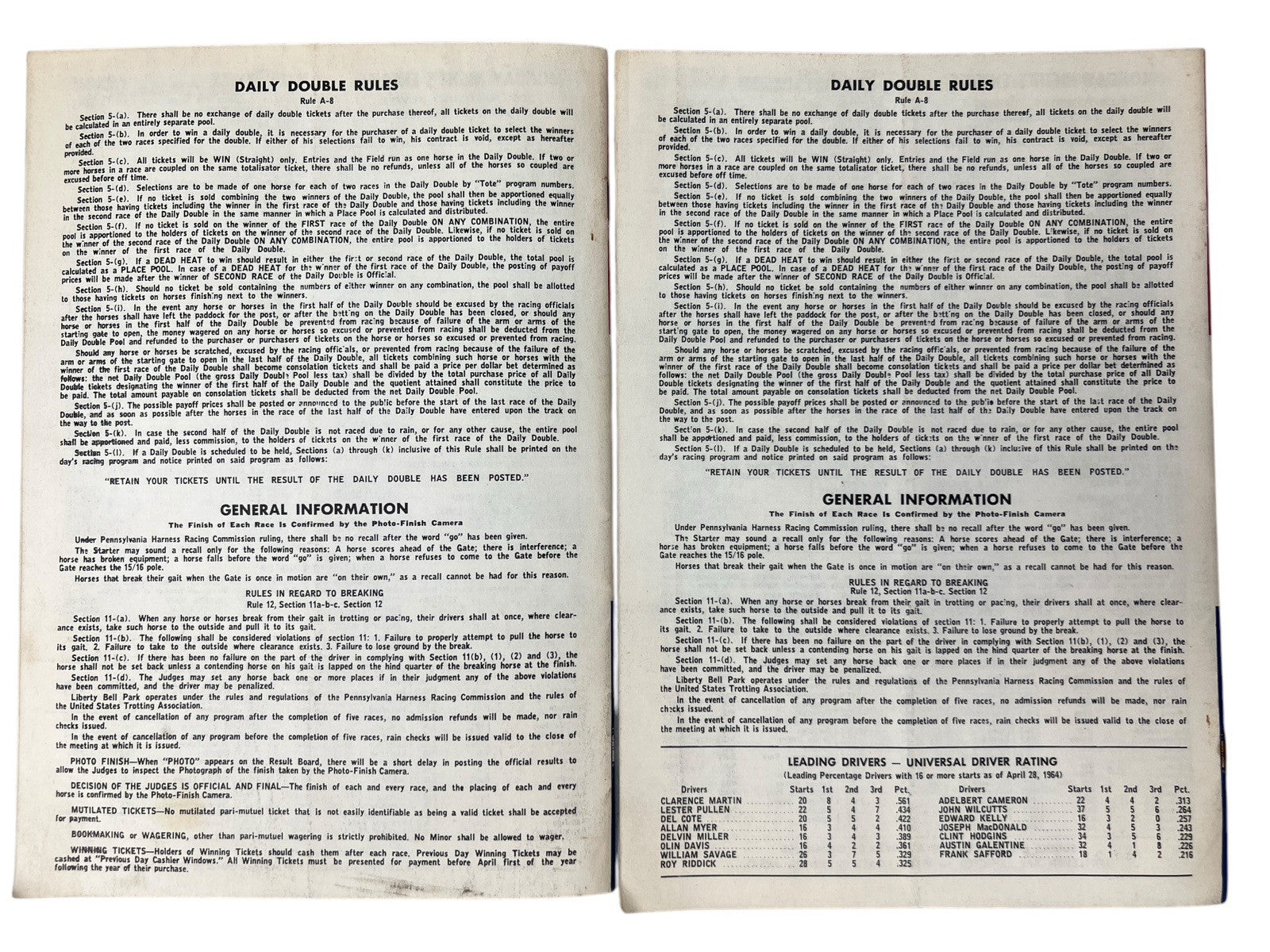 Vintage 1964 LIBERTY BELL PARK Harness Horse Racing 2 PROGRAMS 8th & 20th Nights
