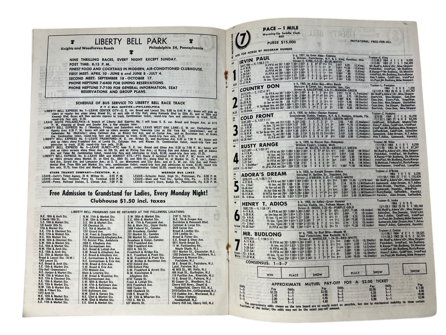 Vintage 1964 LIBERTY BELL PARK Harness Horse Racing 2 PROGRAMS 8th & 20th Nights